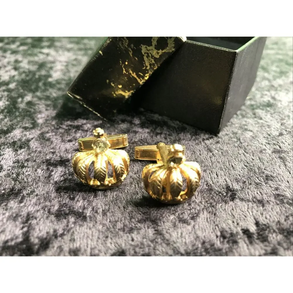 Vintage Mens Gold Tone Royal Crown Rhinestone Cufflinks Cuff Links Gift Box